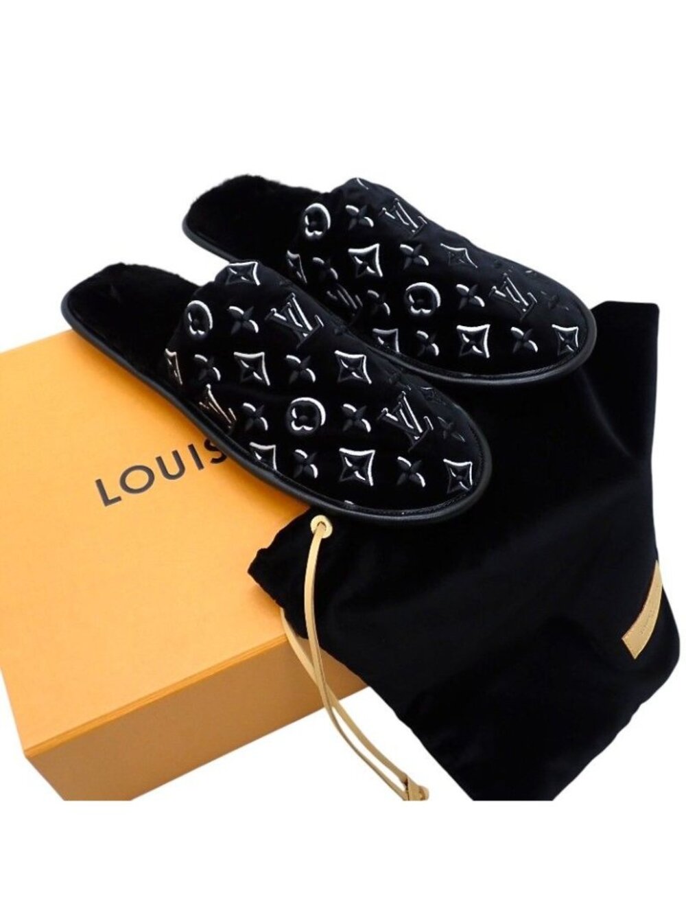 Louis Vuitton LV Suit Line Mules Slippers Room Shoes 42 Velvet Mink Black